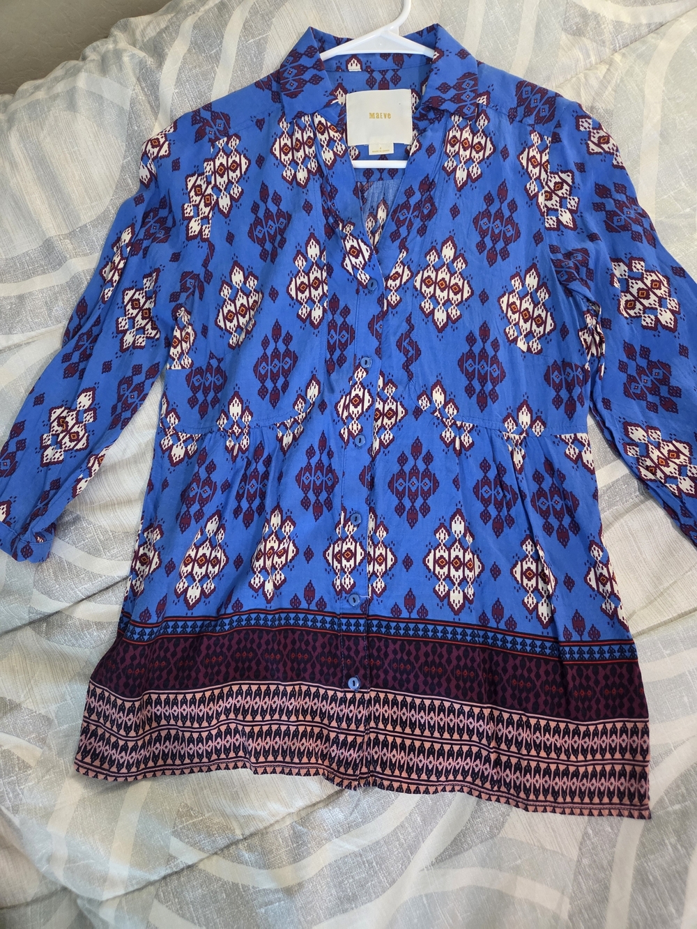 Maeve Anthropology Blue Printed Tunic with White & Maroon Accents